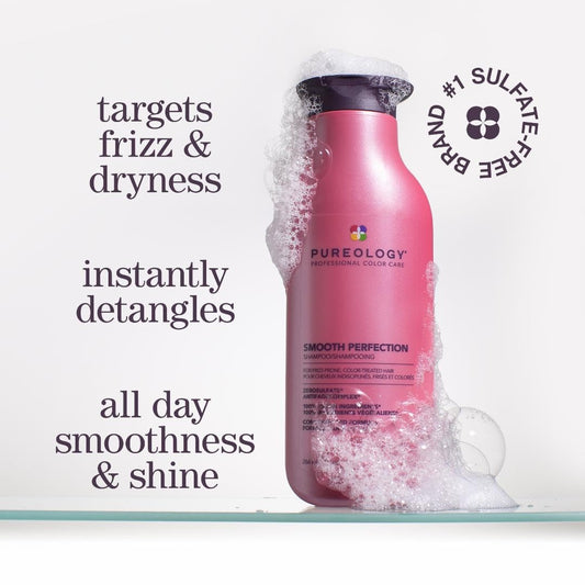 Pureology Smooth Perfection Shampoo & Conditioner Set, For Dry Frizz Prone Colour Treated Hair, For Smoothness, Made with Camellia Oil and Shea Butter, Vegan, Sulfate-Free, Paraben-Free
