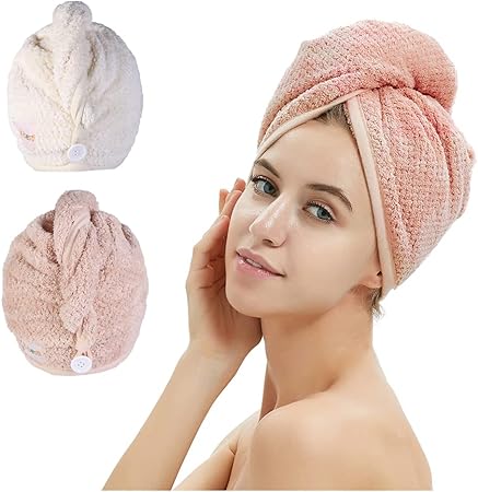 2 Pack Hair Towel Wrap,Hair Drying Towel with Button, Microfibre Hair Towel, Dry Hair Hat, Bath Hair Cap (Pink&Beige)