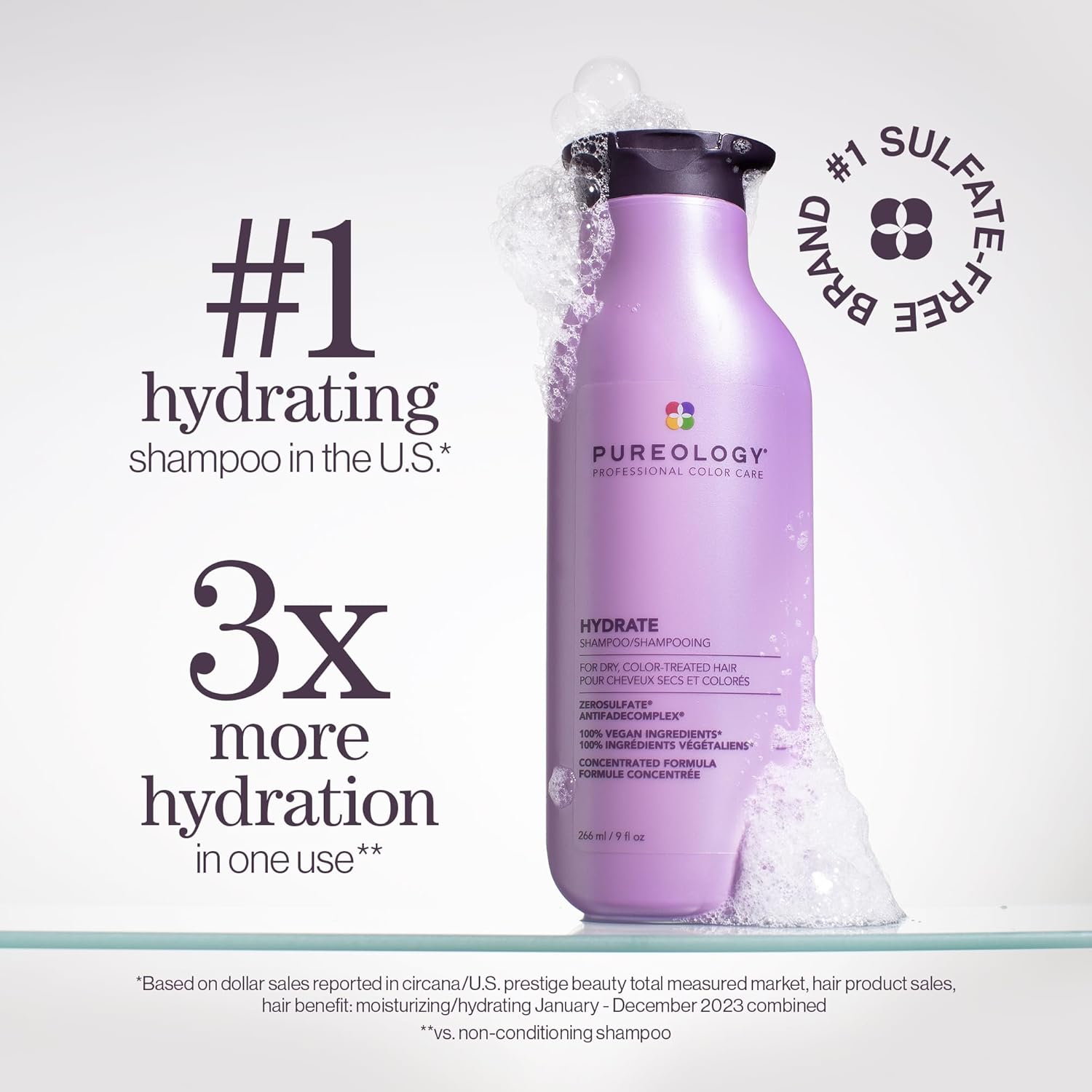 Pureology Hydrate Moisturizing Shampoo, For Medium to Thick Color-Treated Hair, Adds Shine & Softness, With Green Tea Extract, Vegan & Sulfate-Free Formula