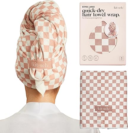 Kitsch XL Microfiber Hair Towel Wrap for Women – Ultra Absorbent Microfiber Towel for Wet, Curly, Long or Short Hair – Quick Dry, Anti-Frizz Hair Wrap – Terracotta Checkered, 40x24 inches