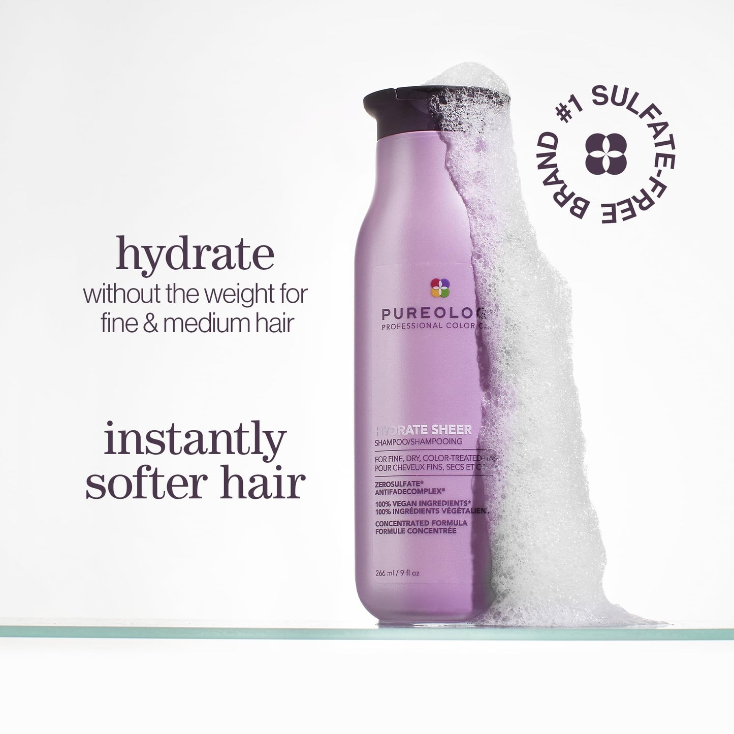 Pureology Hydrate Sheer Nourishing Shampoo, For Fine, Colored & Dry Hair, Infused with Wheat Protein, Vitamin E & Eucalyptus Leaf Extract, Vegan & Sulfate-Free Formula